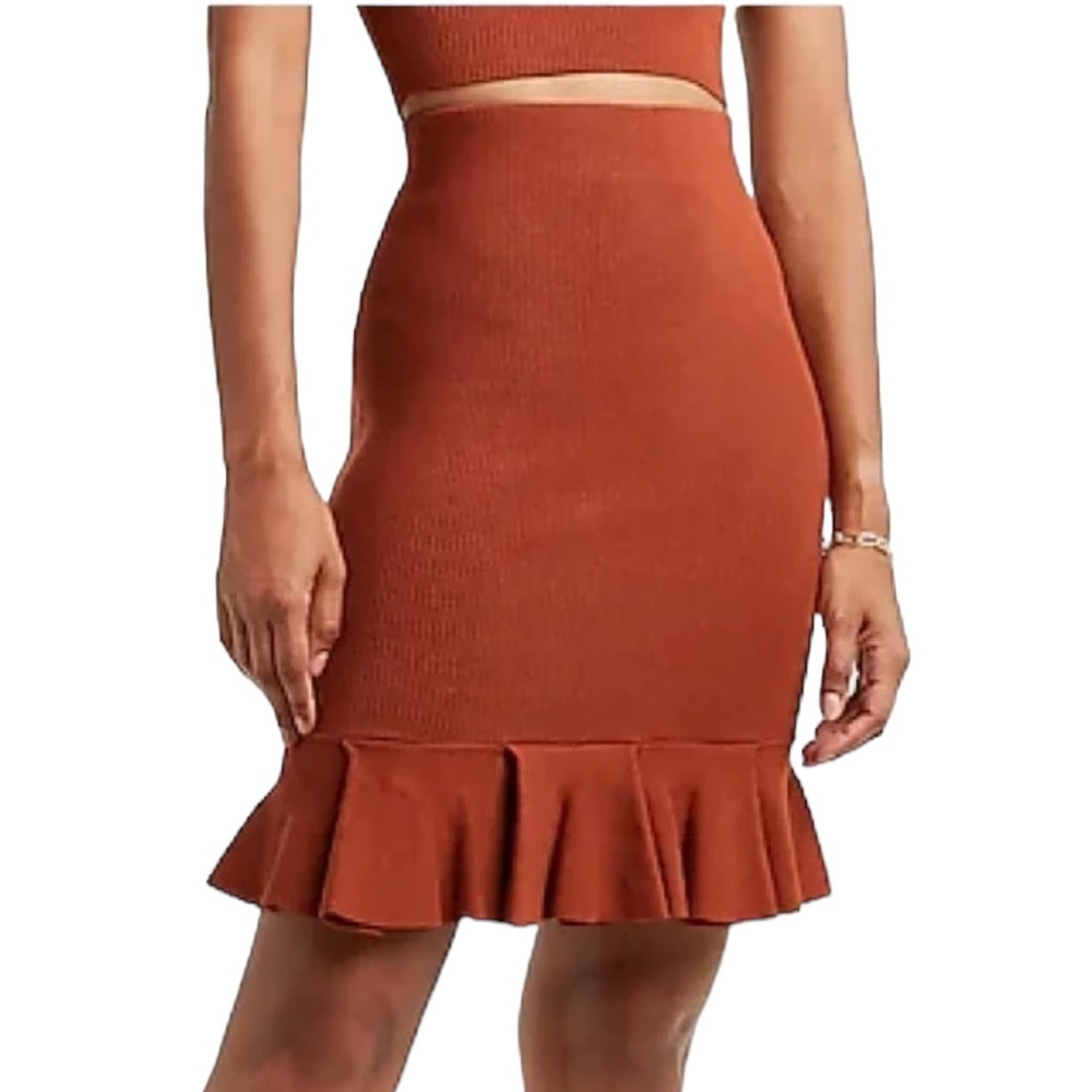 Express High Waisted Ribbed Body Contour Ruffled Skirt